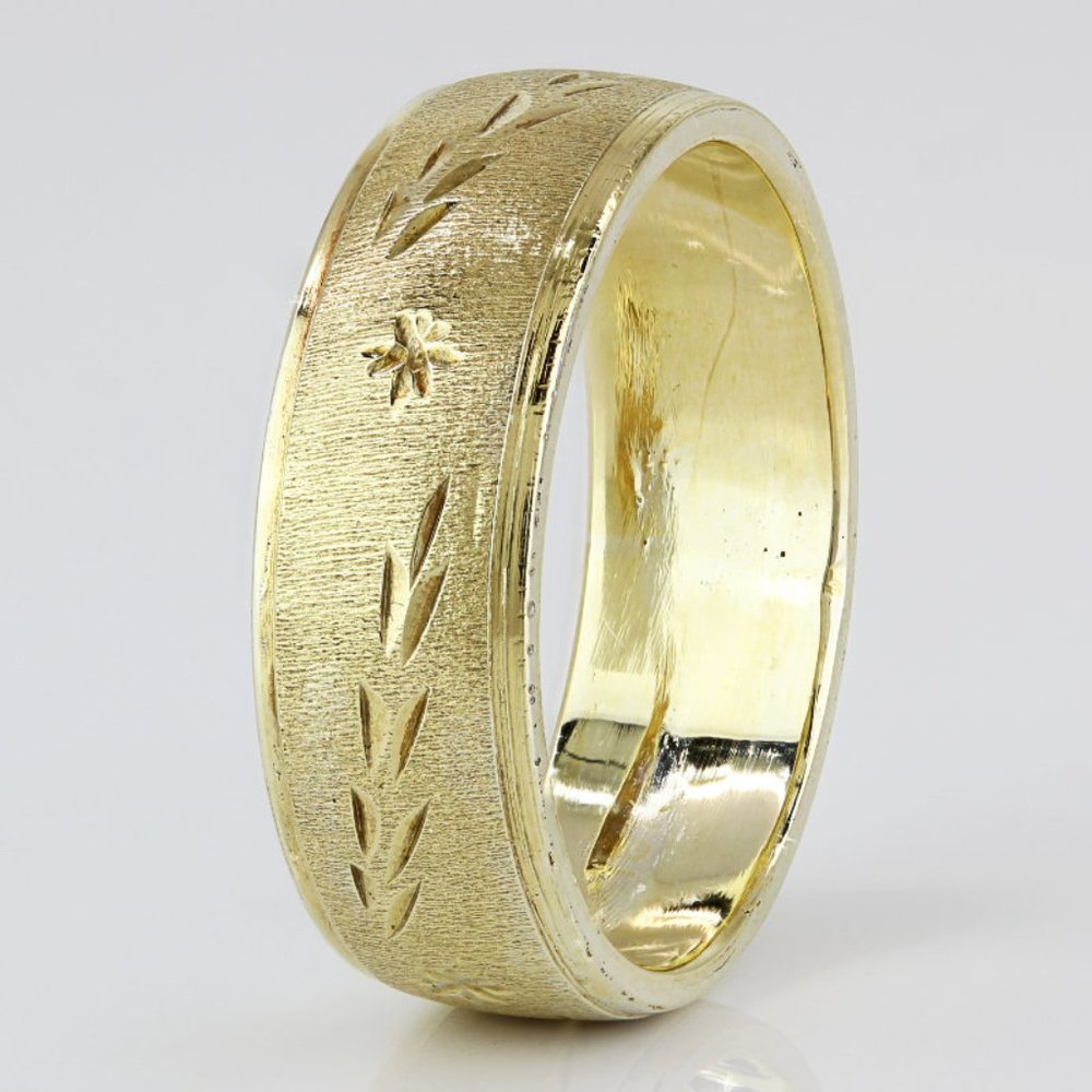 14k Yellow Gold Brushed + Etched Leaves Wedding Ring Band